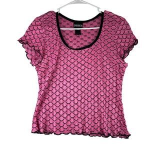 Vintage Baranda Y2K Pink Mesh Scallop Dot Print Sheer Stretch Top Retro Club MED